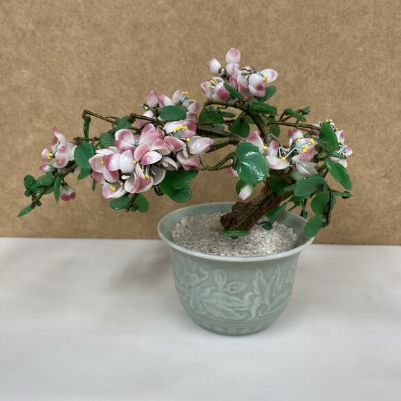 Vtg Chinese Bonsai Flower Tree Celadon Pot Cherry Blossom Home Decor - Picture 3 of 9